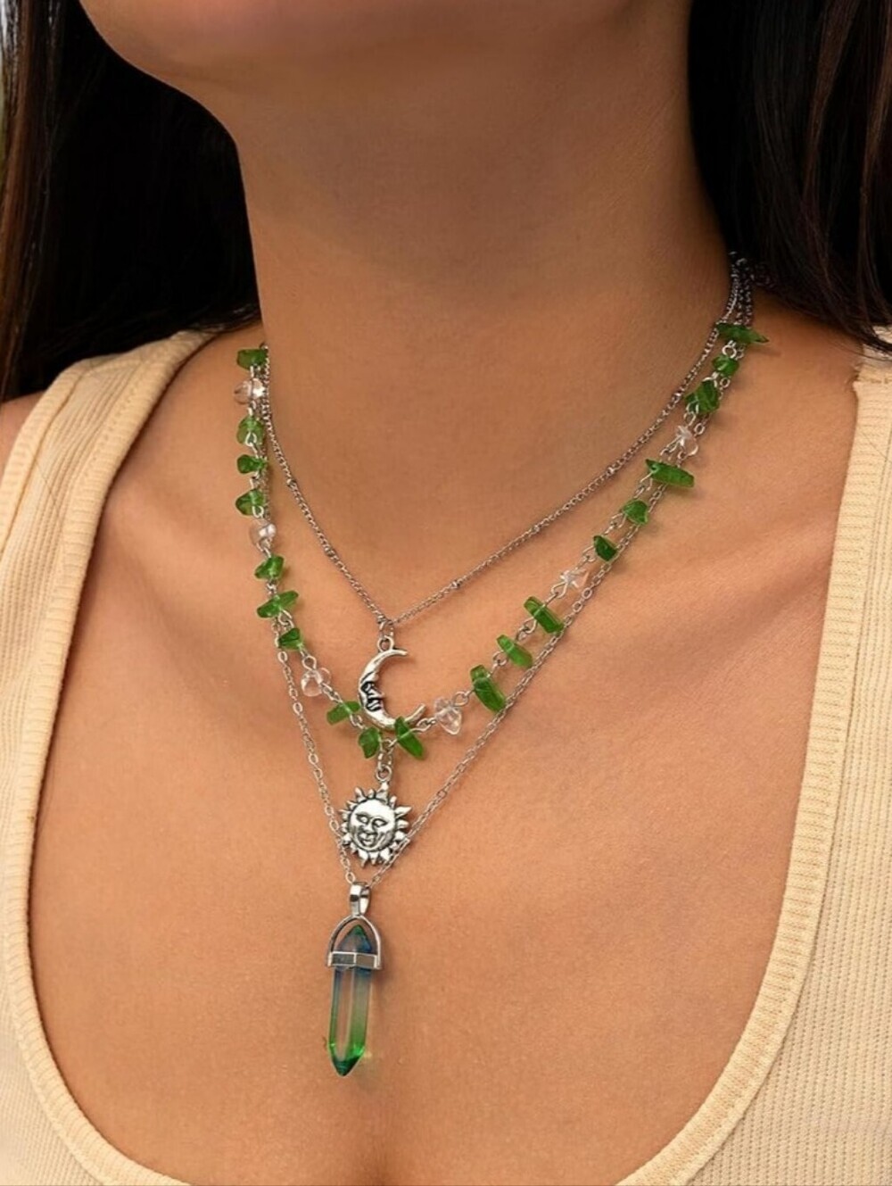 Silver Sun & Green Crystal Layered Necklace - Women Jewelry
